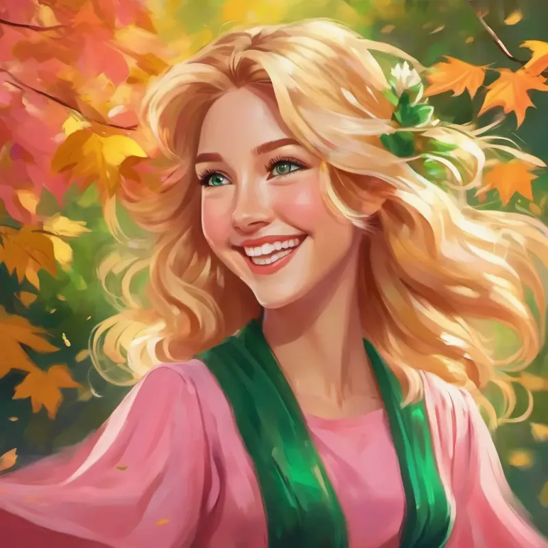 Golden hair, green eyes, pink dress, joyful smile saying ‘تصدوق’, blooming kindness and happiness, joyful expressions.