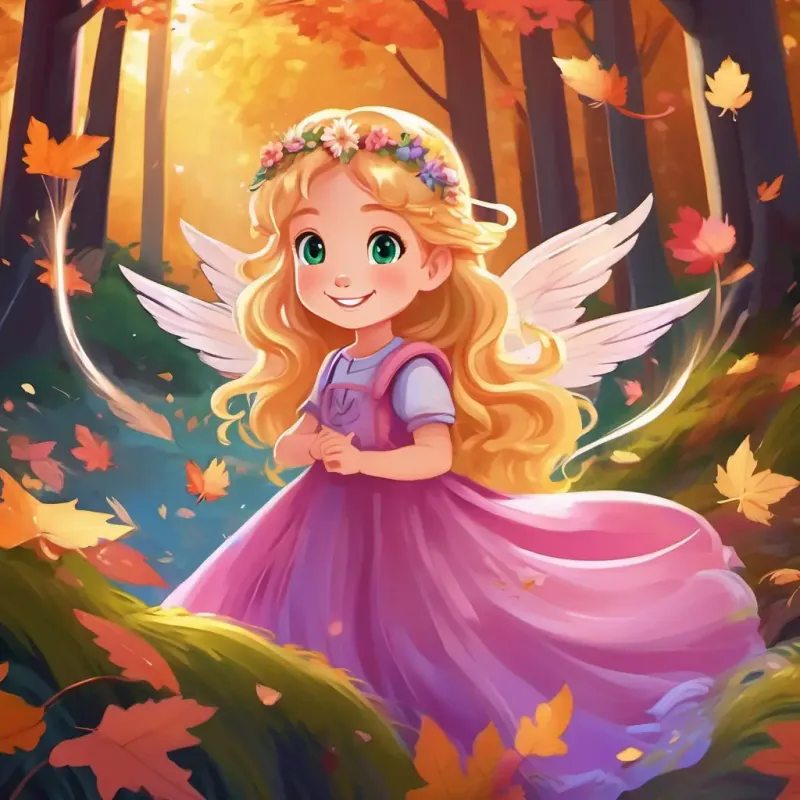 Golden hair, green eyes, pink dress, joyful smile and Tiny, sparkly wings, mischievous eyes, purple and blue, cute smiling, heartwarming message, the magical forest, the end of the playful adventure.