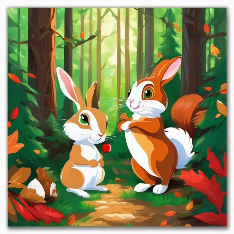 Deep forest, White rabbit with bright brown eyes (rabbit) and Reddish-brown squirrel with lively green eyes (squirrel), friendly competition.