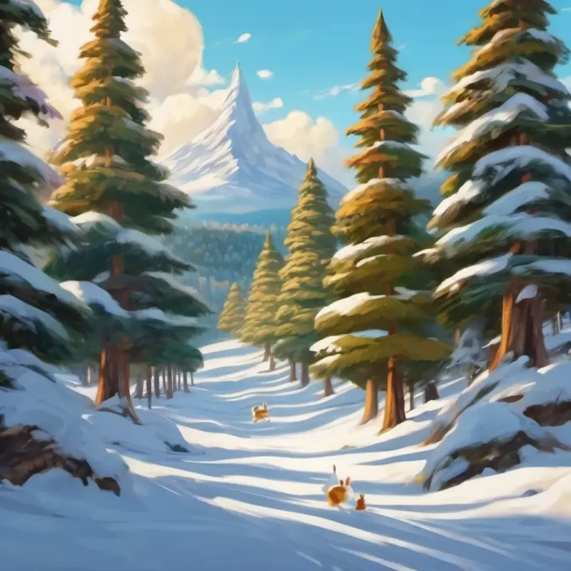 Start of the race, world's tallest pine tree, White rabbit with bright brown eyes's keen ears.