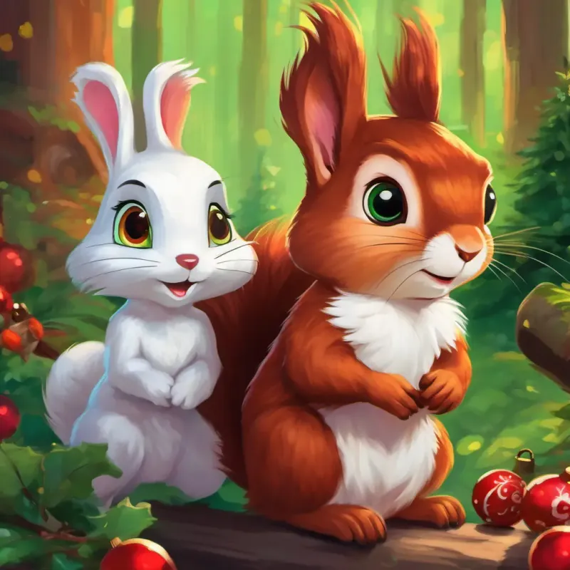 Reddish-brown squirrel with lively green eyes in trouble, White rabbit with bright brown eyes's quick help, friendship in action.