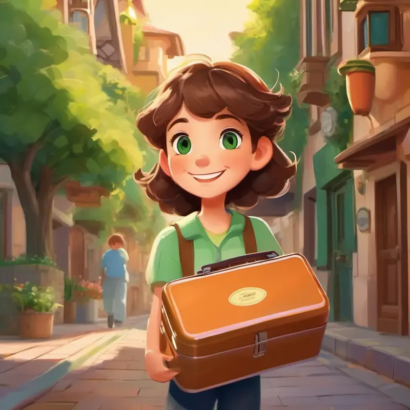 Introduction to the main character and setting, in Brown hair, green eyes, always smiling and adventurous's hometown, with the special lunchbox as the focus, playful and fun