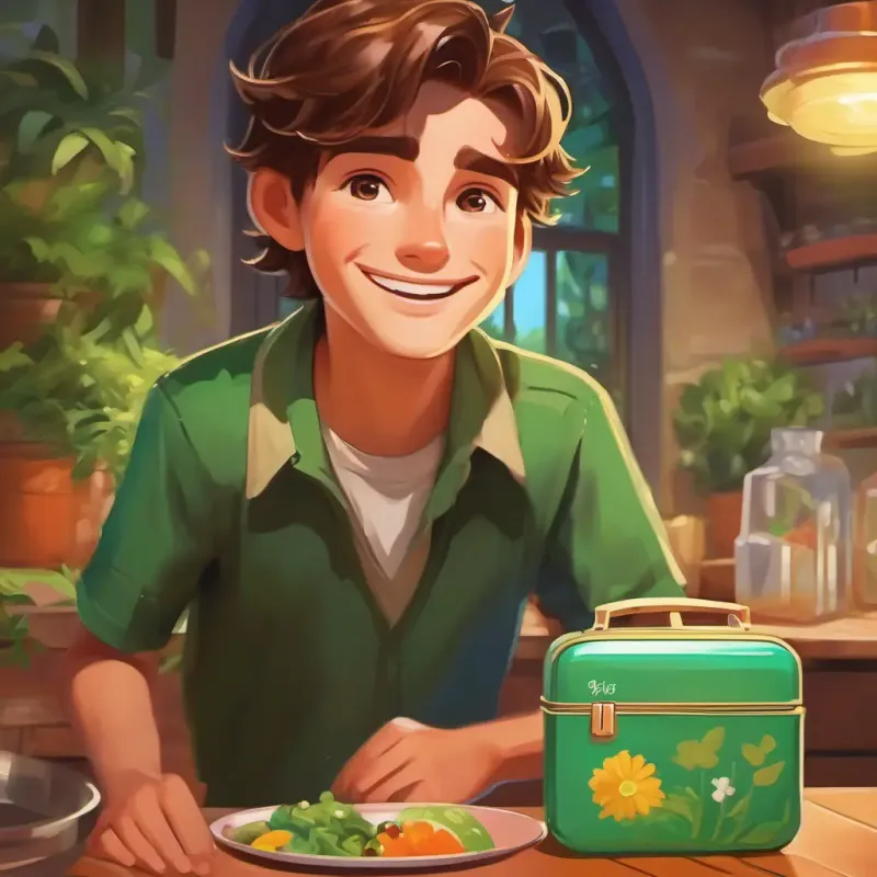 Brown hair, green eyes, always smiling and adventurous making his wishes and the lunchbox fulfilling them, playful and magical