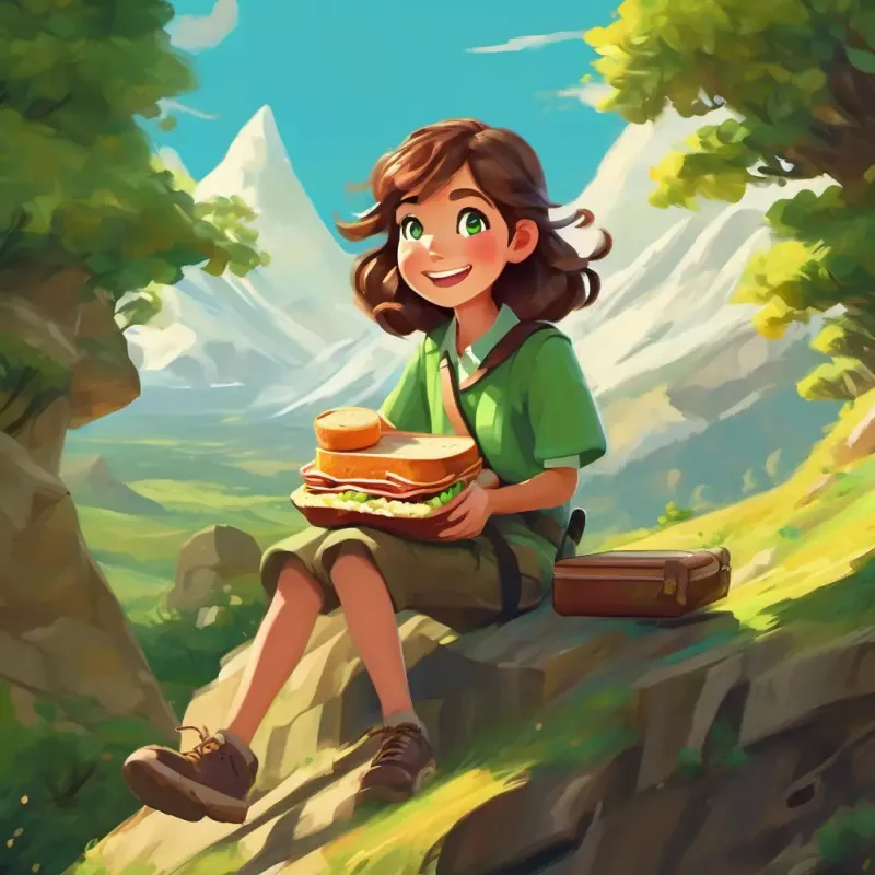 Brown hair, green eyes, always smiling and adventurous's humorous wish and the lunchbox's literal interpretation, playful and imaginative, in a sandwich mountain