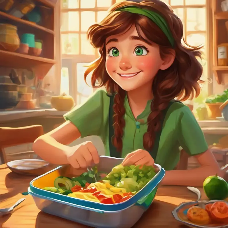 Brown hair, green eyes, always smiling and adventurous's funny wish and the lunchbox's literal interpretation, playful and wacky, in a wild and wiggly scene