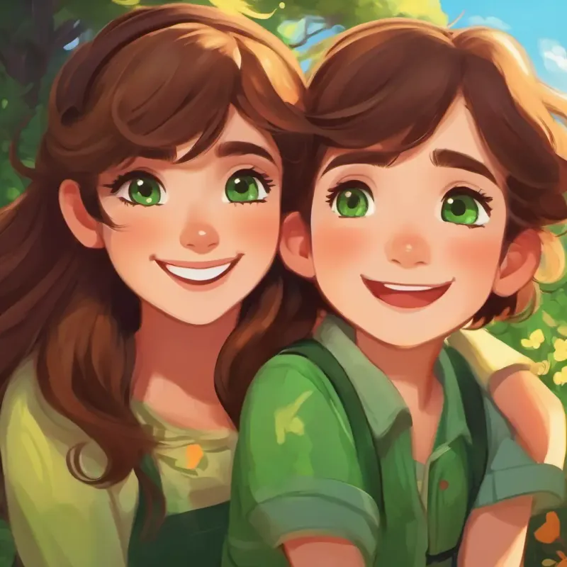 Brown hair, green eyes, always smiling and adventurous's happy ending and friendship, playful and satisfying, in a joyful conclusion