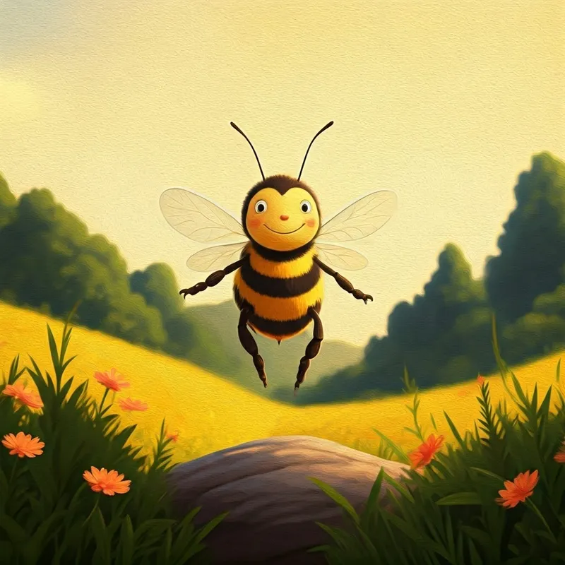 A happy cartoon bee with a big smile buzzing around