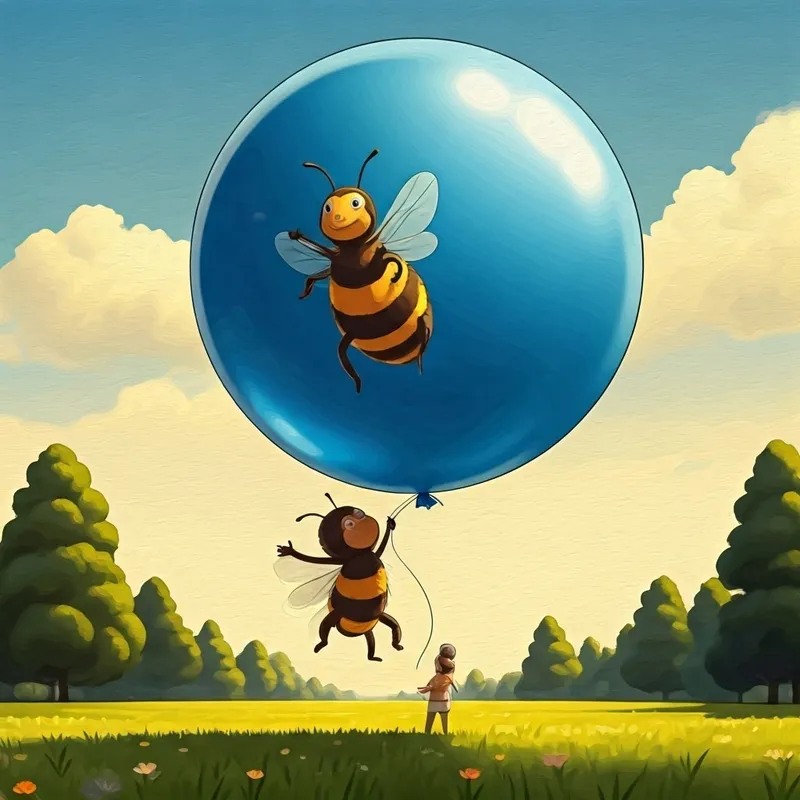 A happy cartoon bee bouncing a big, blue balloon