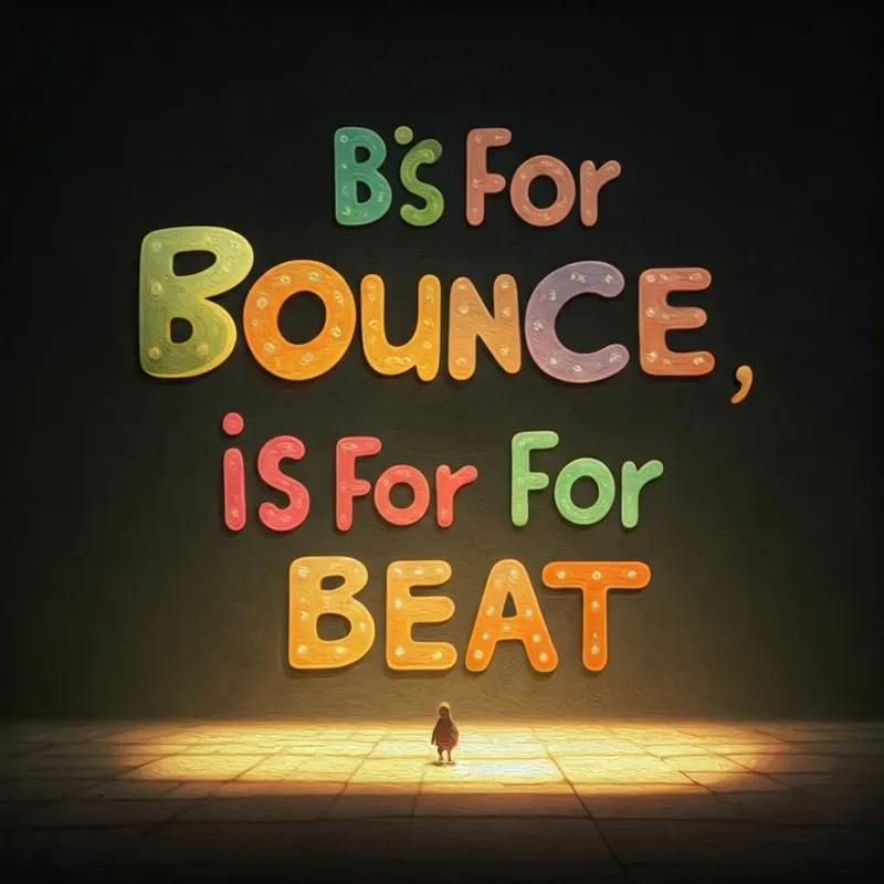 The words 'B is for Bounce, B is for Beat' in colorful bubble letters