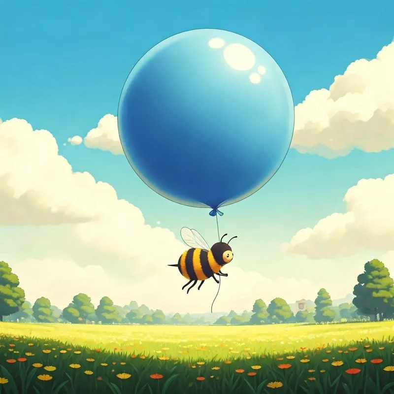 A happy cartoon bee bouncing a big, blue balloon high into the sky