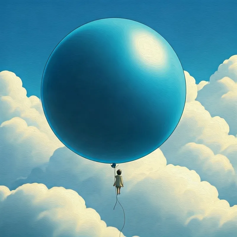 A big, blue balloon floating above fluffy white clouds