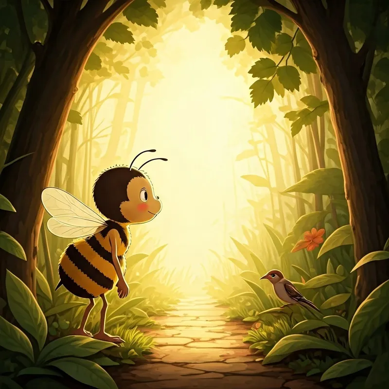 A happy cartoon bee looking at a bird