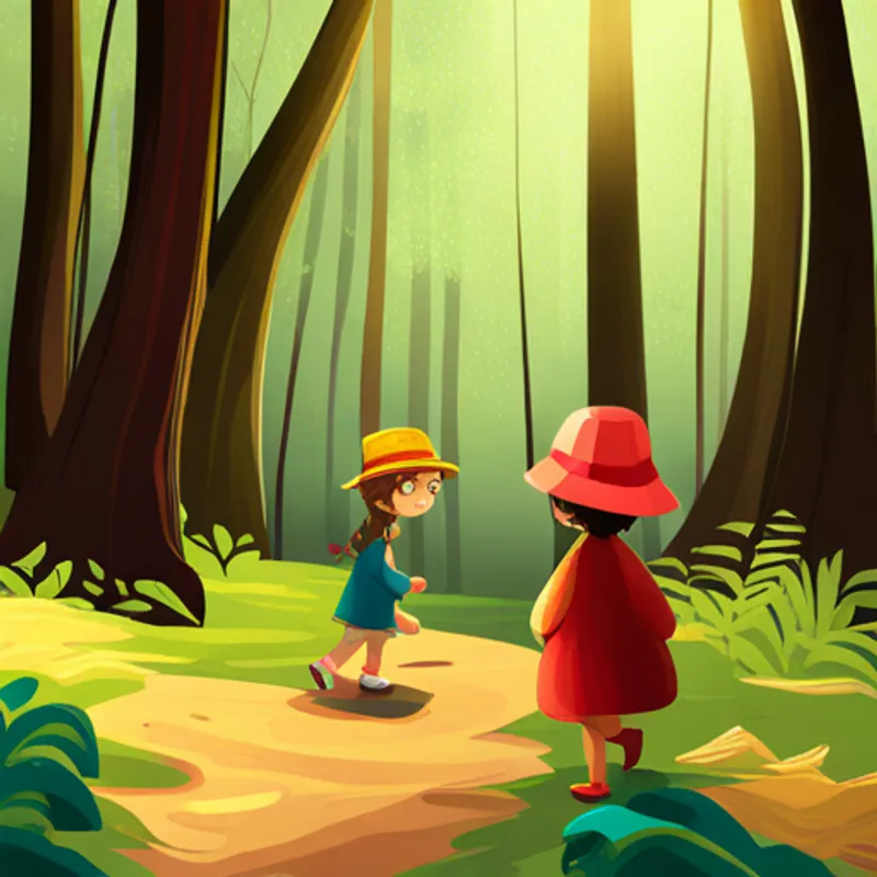 Amy: a brave girl with brown hair and a red hat and Jack: a curious boy with blond hair and glasses walking into a magical forest