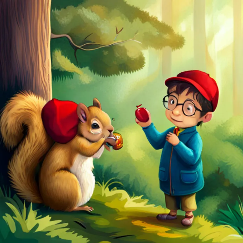 Amy: a brave girl with brown hair and a red hat, Jack: a curious boy with blond hair and glasses, and Charlie: a chatty squirrel with brown fur and a nut necklace the squirrel chatting