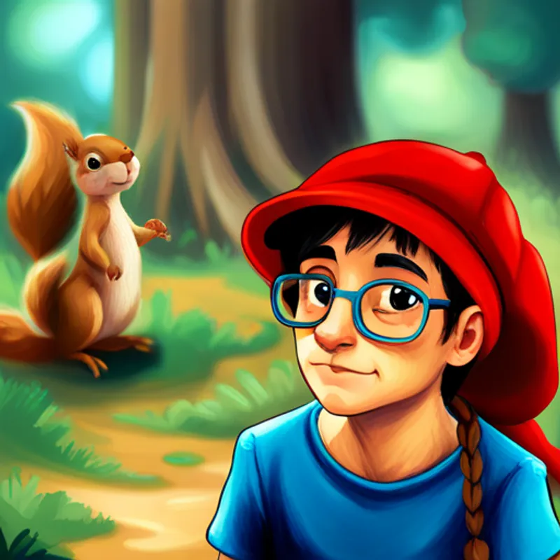Charlie: a chatty squirrel with brown fur and a nut necklace showing Amy: a brave girl with brown hair and a red hat and Jack: a curious boy with blond hair and glasses a secret door