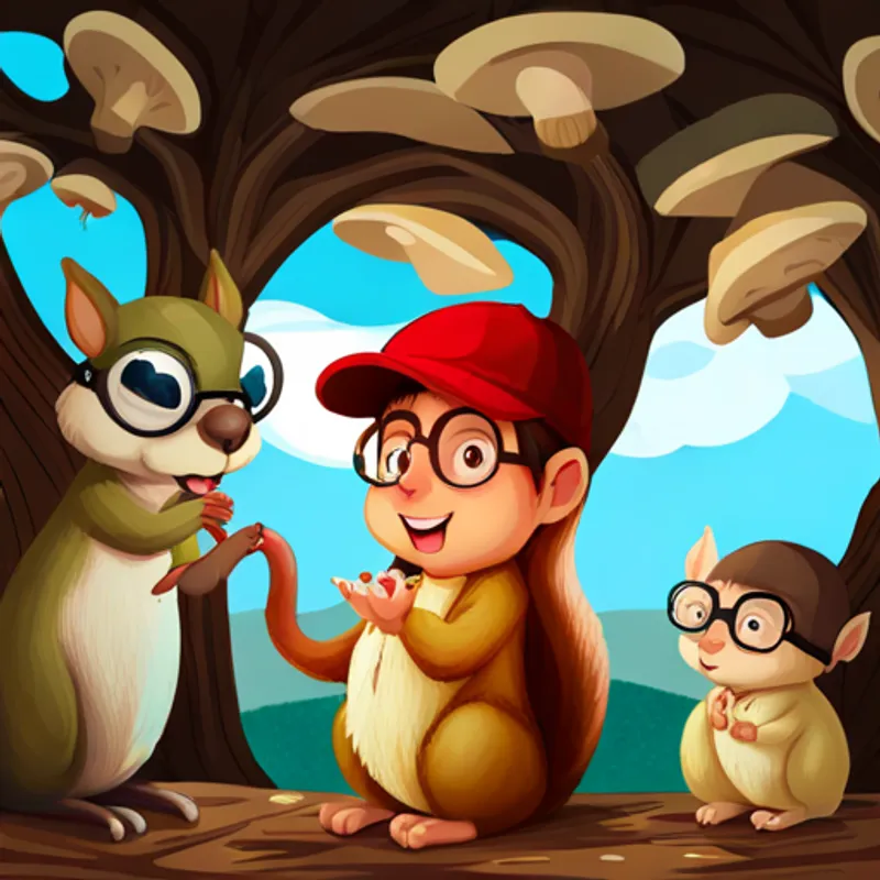Amy: a brave girl with brown hair and a red hat, Jack: a curious boy with blond hair and glasses, and Charlie: a chatty squirrel with brown fur and a nut necklace amazed by floating mushrooms