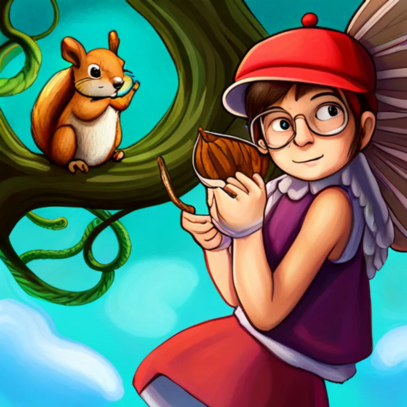 Amy: a brave girl with brown hair and a red hat, Jack: a curious boy with blond hair and glasses, Charlie: a chatty squirrel with brown fur and a nut necklace, and Lily: a kind fairy with purple wings and a sparkly dress the fairy flying