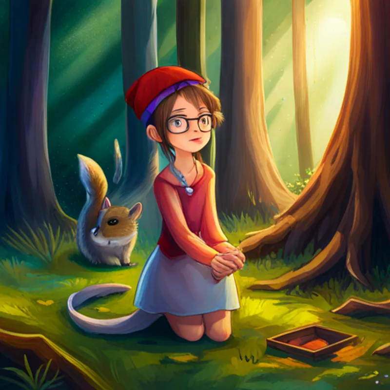 Lily: a kind fairy with purple wings and a sparkly dress giving Amy: a brave girl with brown hair and a red hat, Jack: a curious boy with blond hair and glasses, and Charlie: a chatty squirrel with brown fur and a nut necklace magical powers