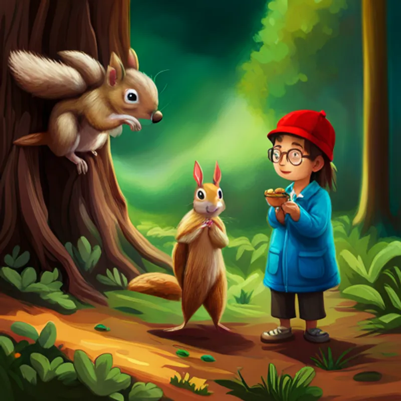 Amy: a brave girl with brown hair and a red hat controlling water, Jack: a curious boy with blond hair and glasses flying, Charlie: a chatty squirrel with brown fur and a nut necklace talking to animals