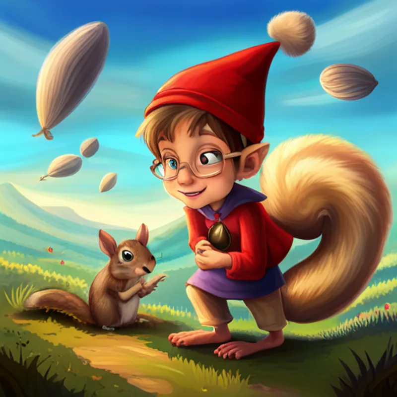 Amy: a brave girl with brown hair and a red hat, Jack: a curious boy with blond hair and glasses, Charlie: a chatty squirrel with brown fur and a nut necklace, and Lily: a kind fairy with purple wings and a sparkly dress defeating an evil witch