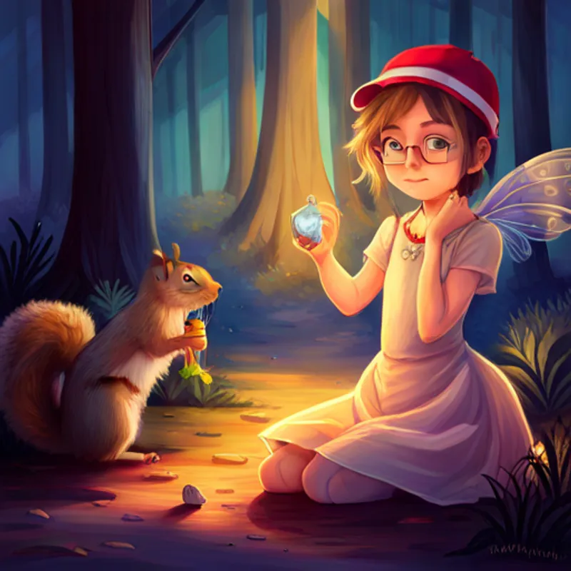 Amy: a brave girl with brown hair and a red hat, Jack: a curious boy with blond hair and glasses, Charlie: a chatty squirrel with brown fur and a nut necklace, and Lily: a kind fairy with purple wings and a sparkly dress saying goodbye