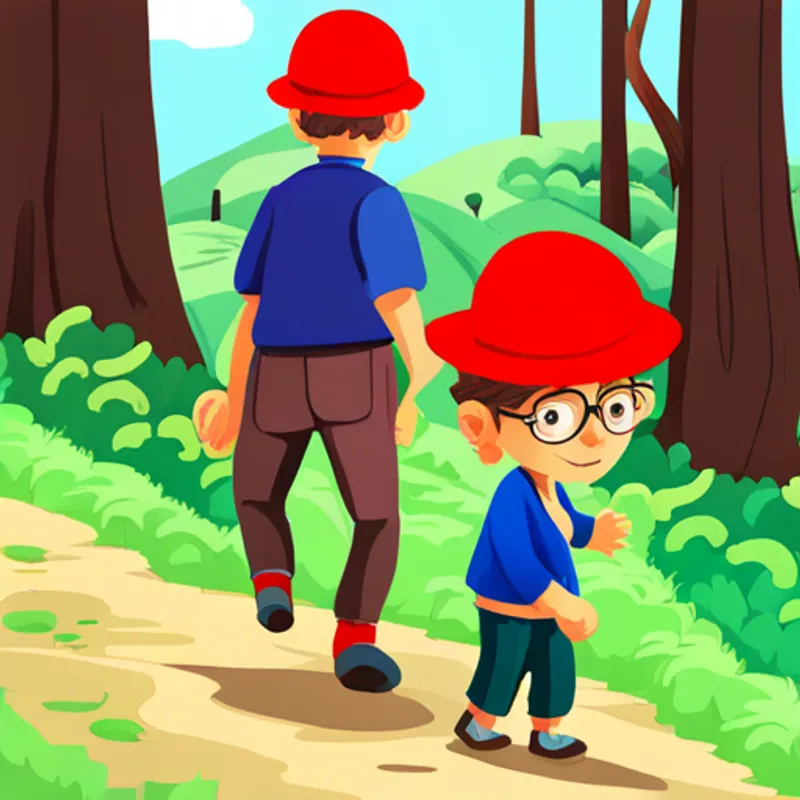 Amy: a brave girl with brown hair and a red hat and Jack: a curious boy with blond hair and glasses happily walking home from the forest