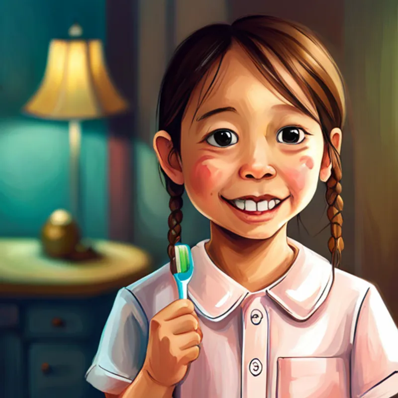 Little girl with brown pigtails, wearing pink pajamas. brushing her teeth with toothpaste and toothbrush