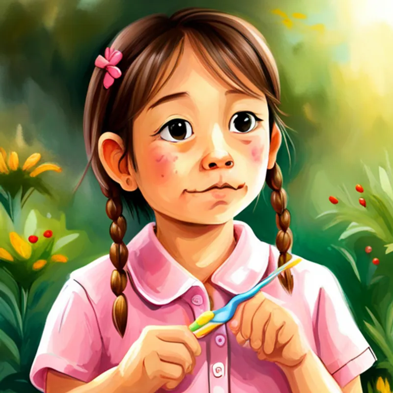 Little girl with brown pigtails, wearing pink pajamas. uses a pink toothbrush