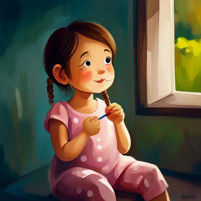 Little girl with brown pigtails, wearing pink pajamas. brushes her teeth before sleeping