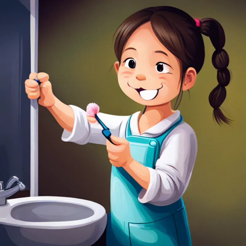 Brushing teeth makes Little girl with brown pigtails, wearing pink pajamas. smile!