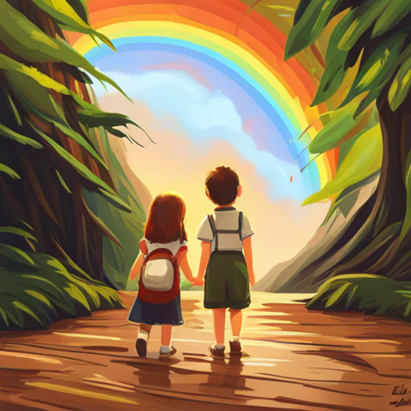 Lily and Max looking up at the rainbow