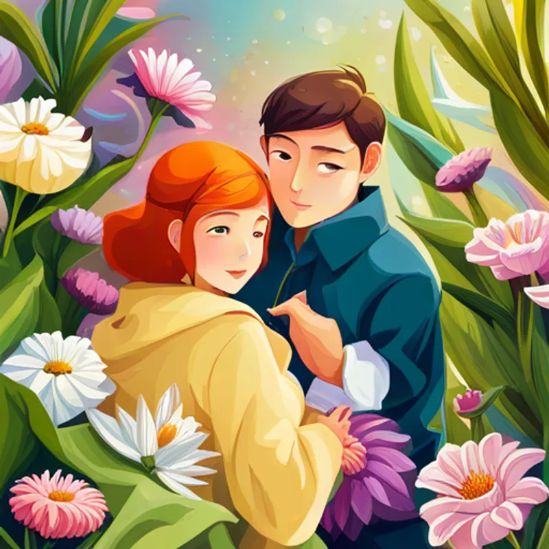 Lily and Max surrounded by colorful flowers