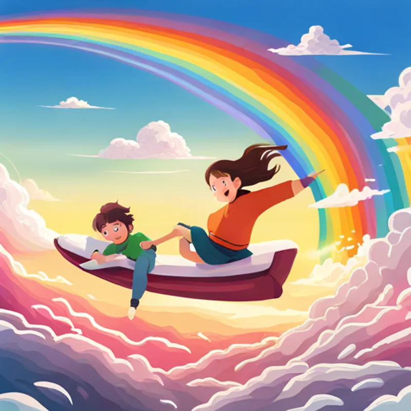 Lily and Max sliding down the rainbow to go home