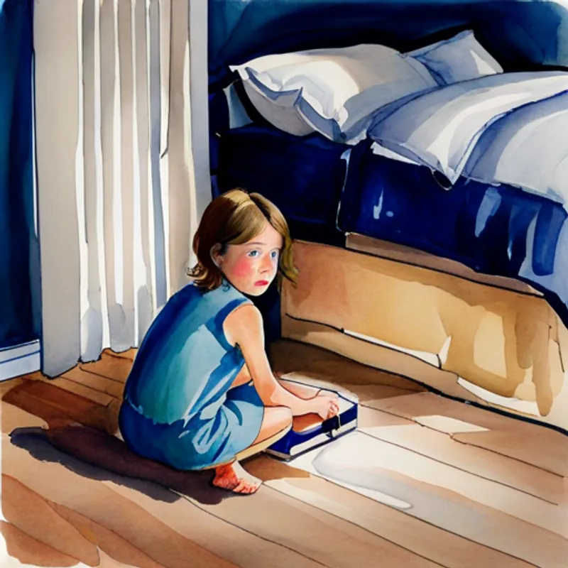 Emma looking under her bed with a flashlight