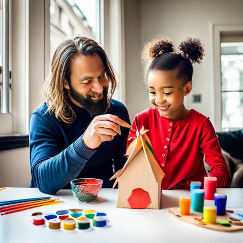 Aria and dad painting the birdhouse