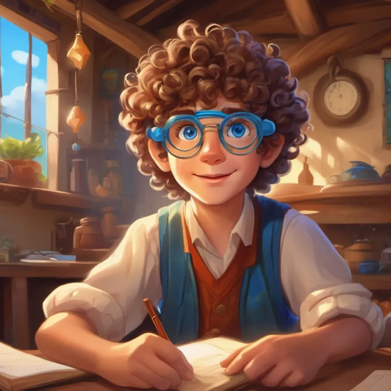 Introduction to Curly brown hair, bright blue eyes, wears magic glasses and his learning challenges in a village