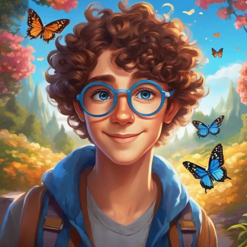 Curly brown hair, bright blue eyes, wears magic glasses's wish and the arrival of a magical butterfly