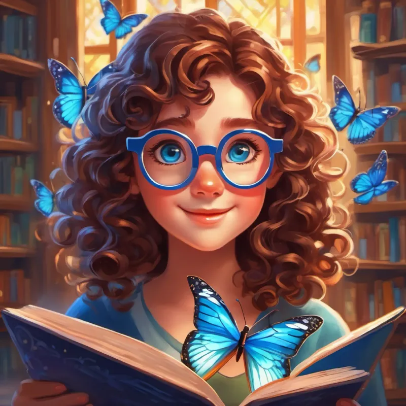 The butterfly gives Curly brown hair, bright blue eyes, wears magic glasses magic glasses to help with reading