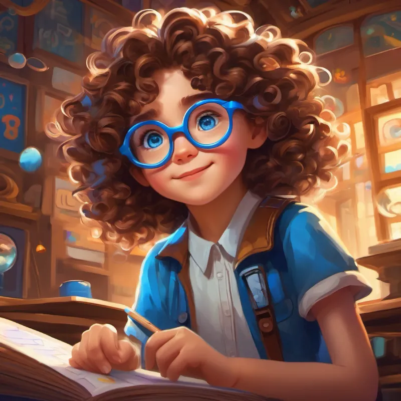 Math becomes easier for Curly brown hair, bright blue eyes, wears magic glasses with imaginative imagery