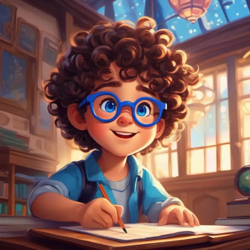 School turns into an exciting adventure for Curly brown hair, bright blue eyes, wears magic glasses
