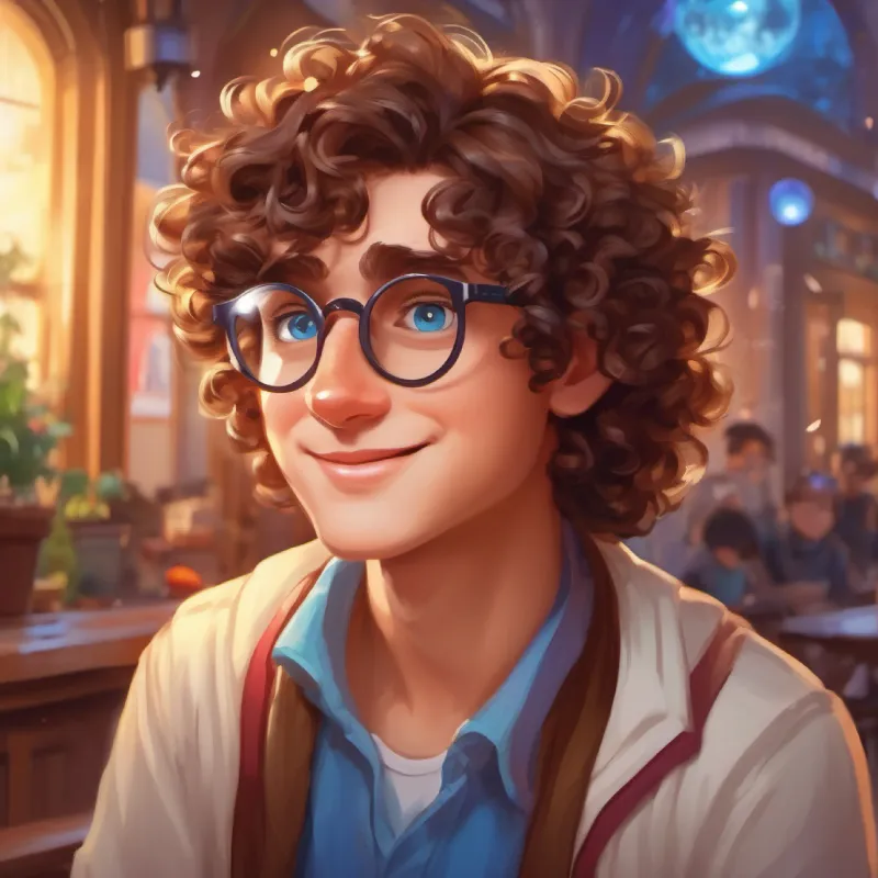 Curly brown hair, bright blue eyes, wears magic glasses's friends are impressed by his improvement