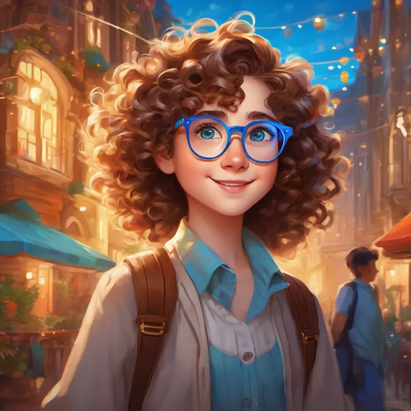 Conclusion showing Curly brown hair, bright blue eyes, wears magic glasses's continued growth and happiness