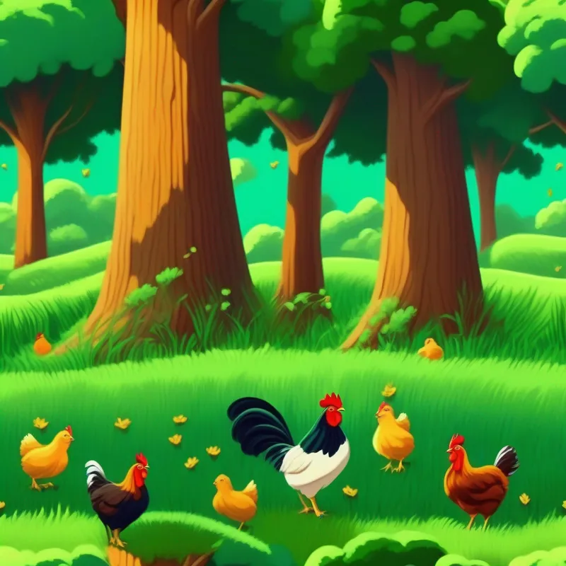 Green grass, tall oak trees, chickens pecking