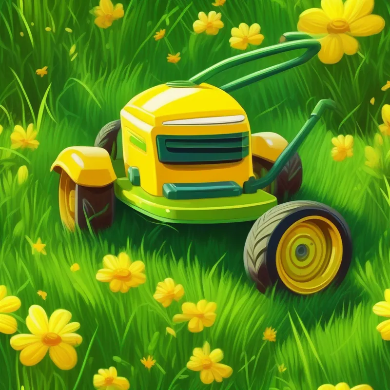 Yellow lawn mower, green grass, buzzing sound