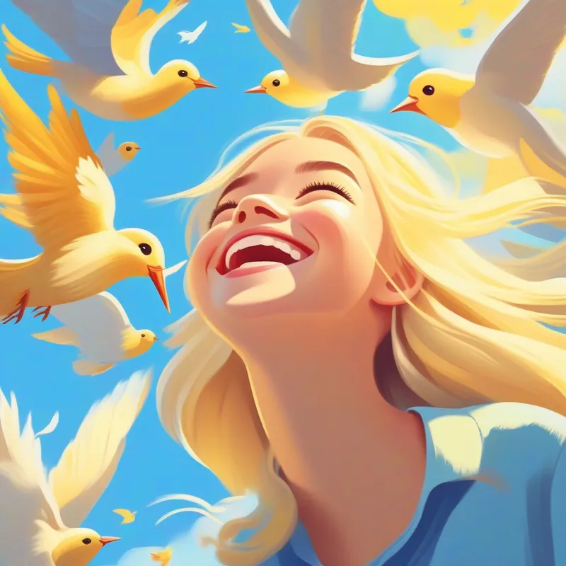Bright sunny sky, smiling Blonde hair, blue shirt, happy smile, birds chirping