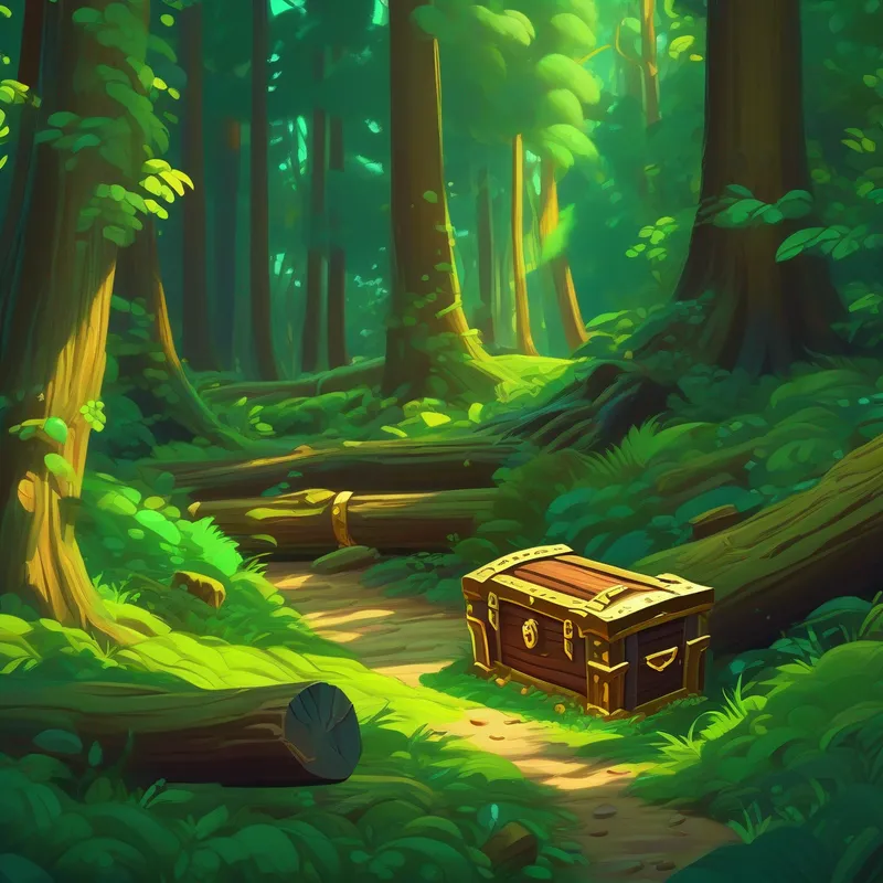 Green forest, fallen logs, shiny treasure chest