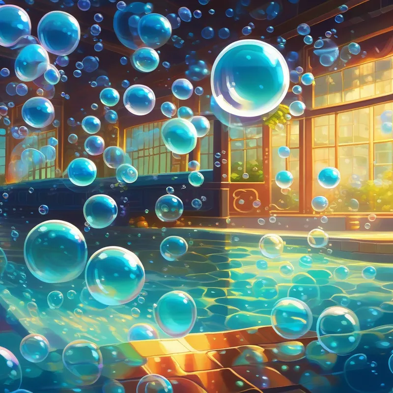 Bubbles, shiny tiles, steamy water