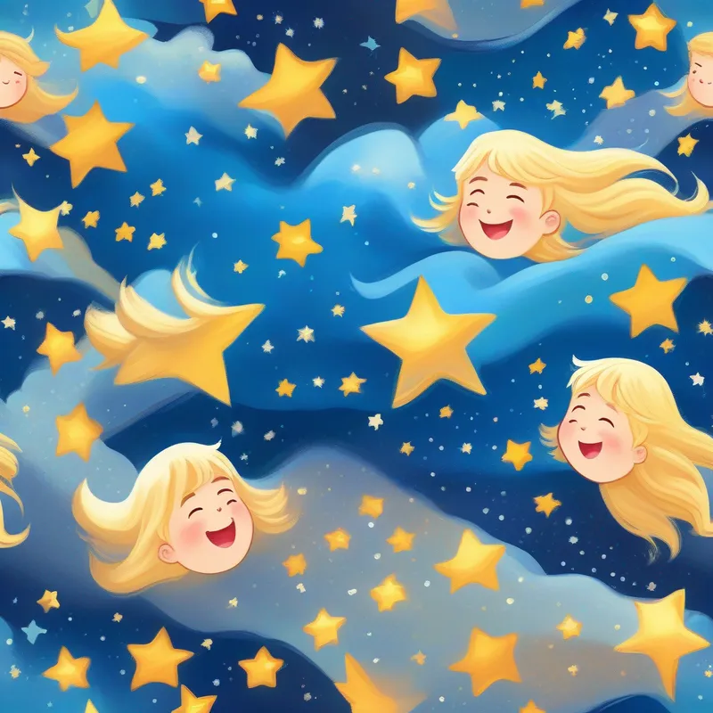 Soft pillow, twinkling stars, Blonde hair, blue shirt, happy smile singing
