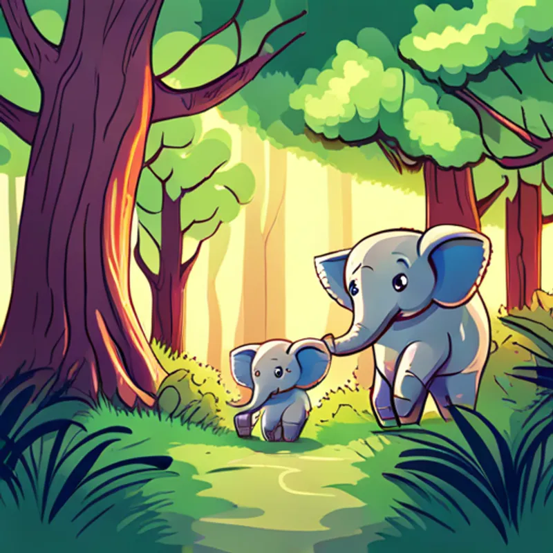 Cute baby elephant with gray skin and big curious eyes and his parents walking through a lush green forest