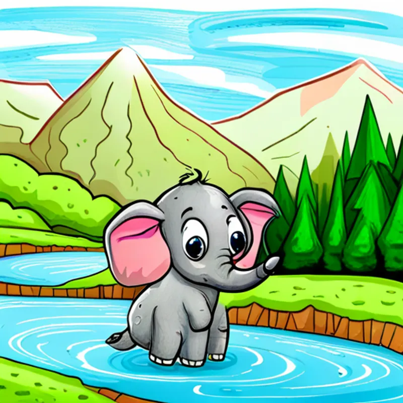 Cute baby elephant with gray skin and big curious eyes walking beside a flowing river, with mountains in the distance